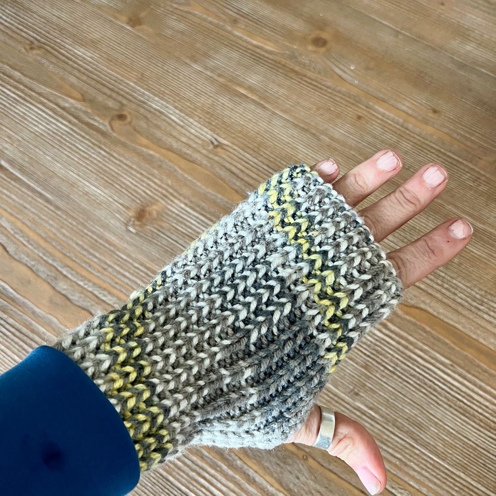 Handmade Knit Fingerless Gloves – Grey & Yellow Artisan Mittens